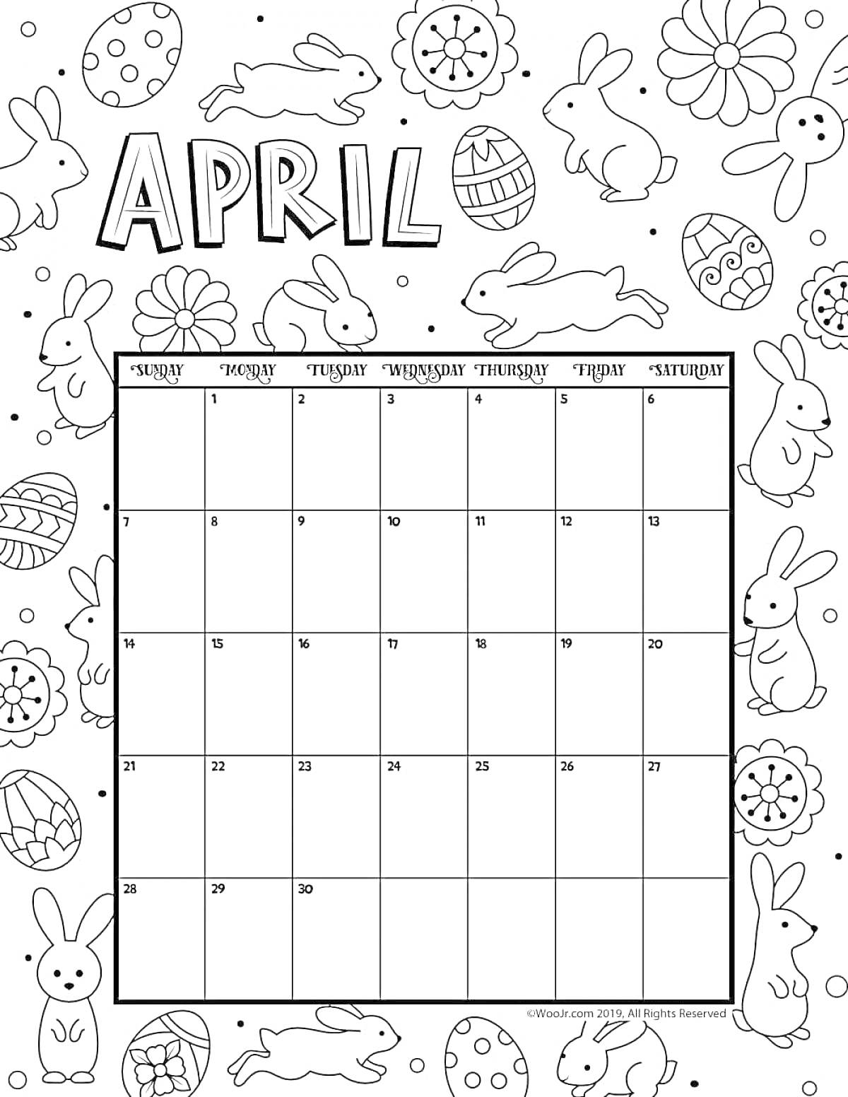 На раскраске изображено: Календарь, Апрель, Зайцы, Пасхальные яйца, Цветы, Весна
