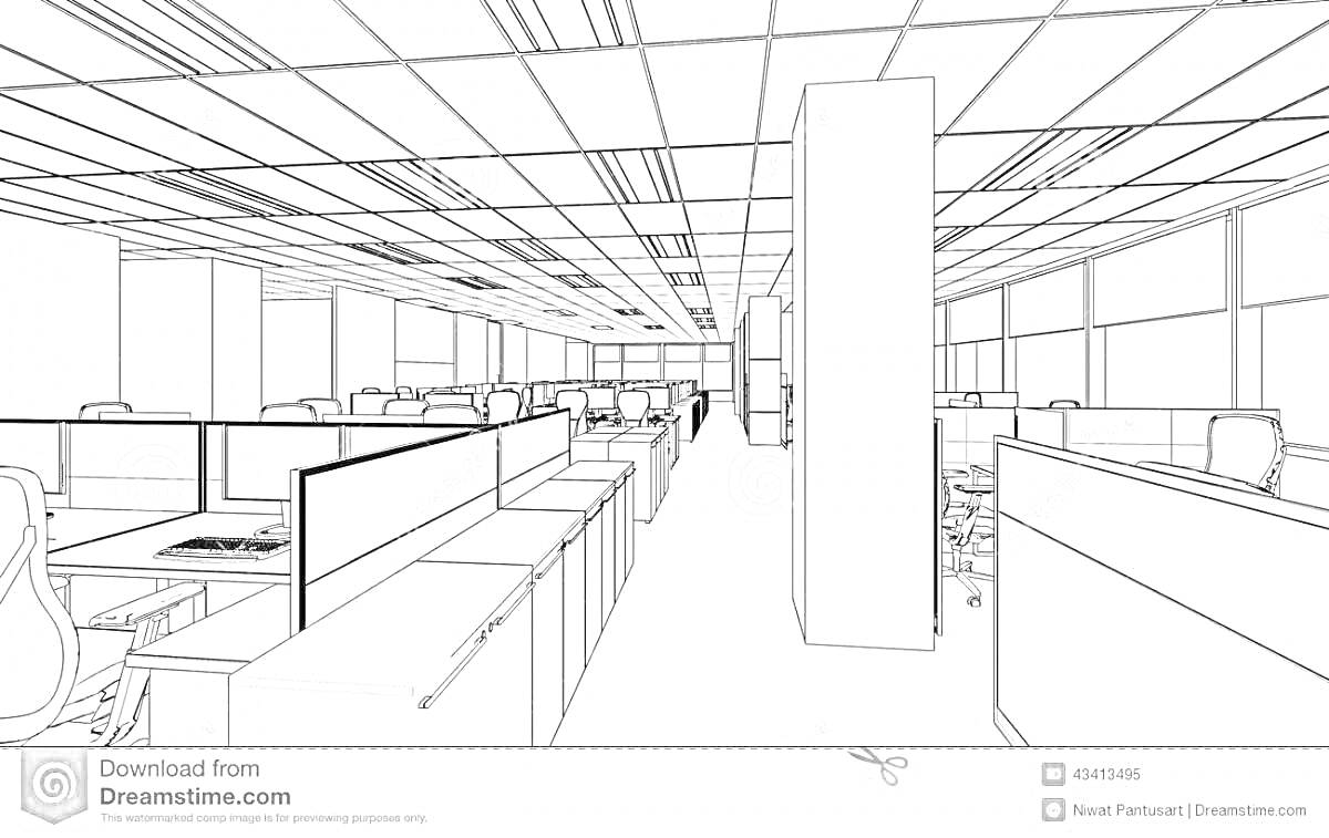 Раскраска Офис с рабочими местами, столами, креслами, компьютерами и перегородками