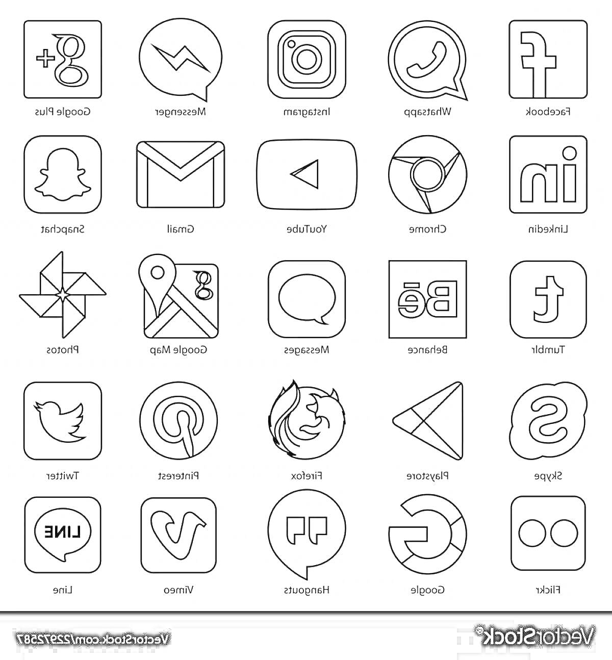 Раскраска Контурные иконки популярных приложений и социальных сетей (Google+, Facebook Messenger, Instagram, WhatsApp, Facebook, Snapchat, Gmail, Twitter, Periscope, Pinterest, Reddit, LinkedIn, Foursquare, Google Maps, Google Hangouts, Behance, Tumblr, YouTube, Qu