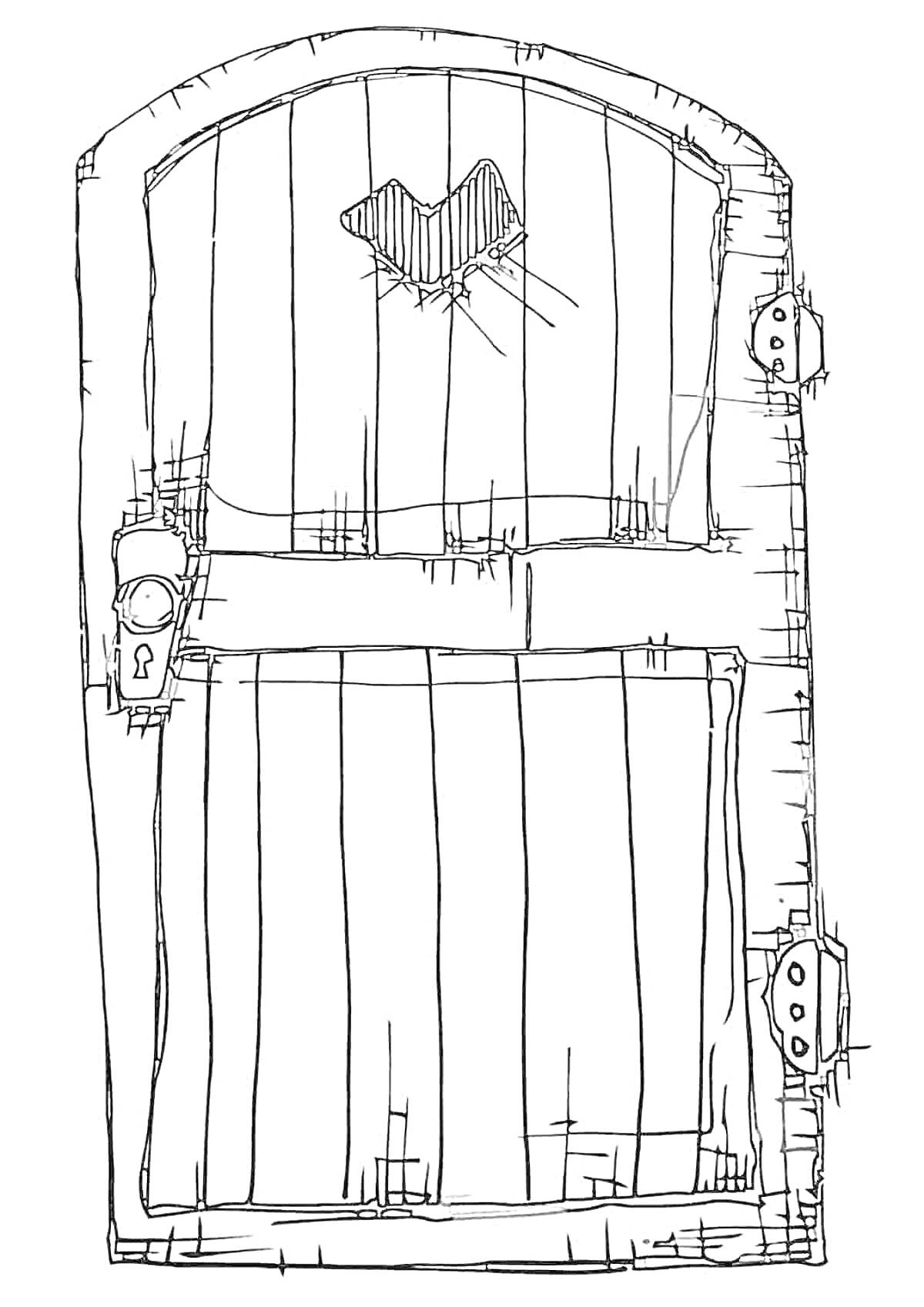 Раскраска Деревянная дверь с простым замком, сердечным вырезом и двумя петлями