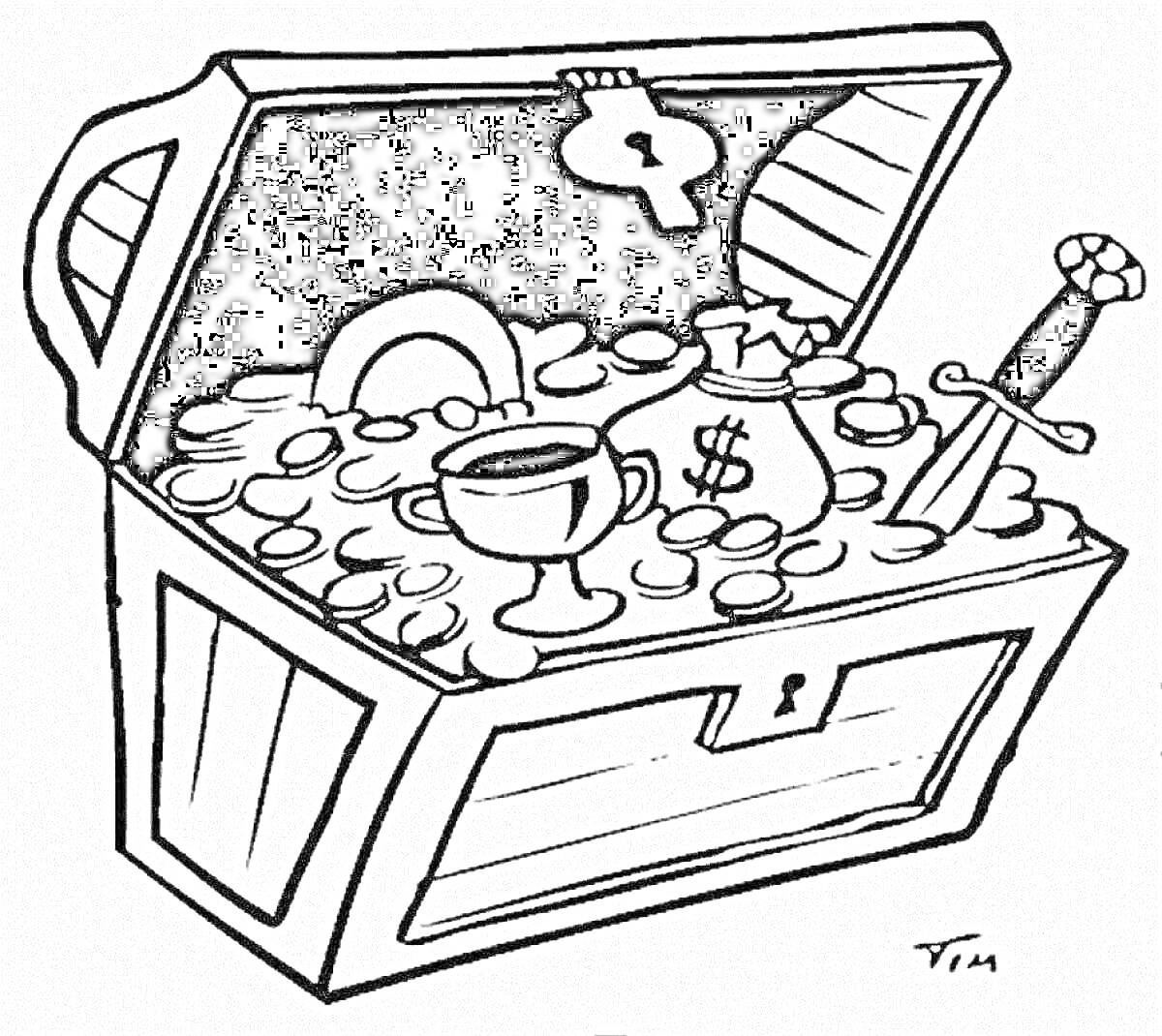 Раскраска Сундук с сокровищами, включая драгоценности, монеты, кубок, мешок с деньгами и меч