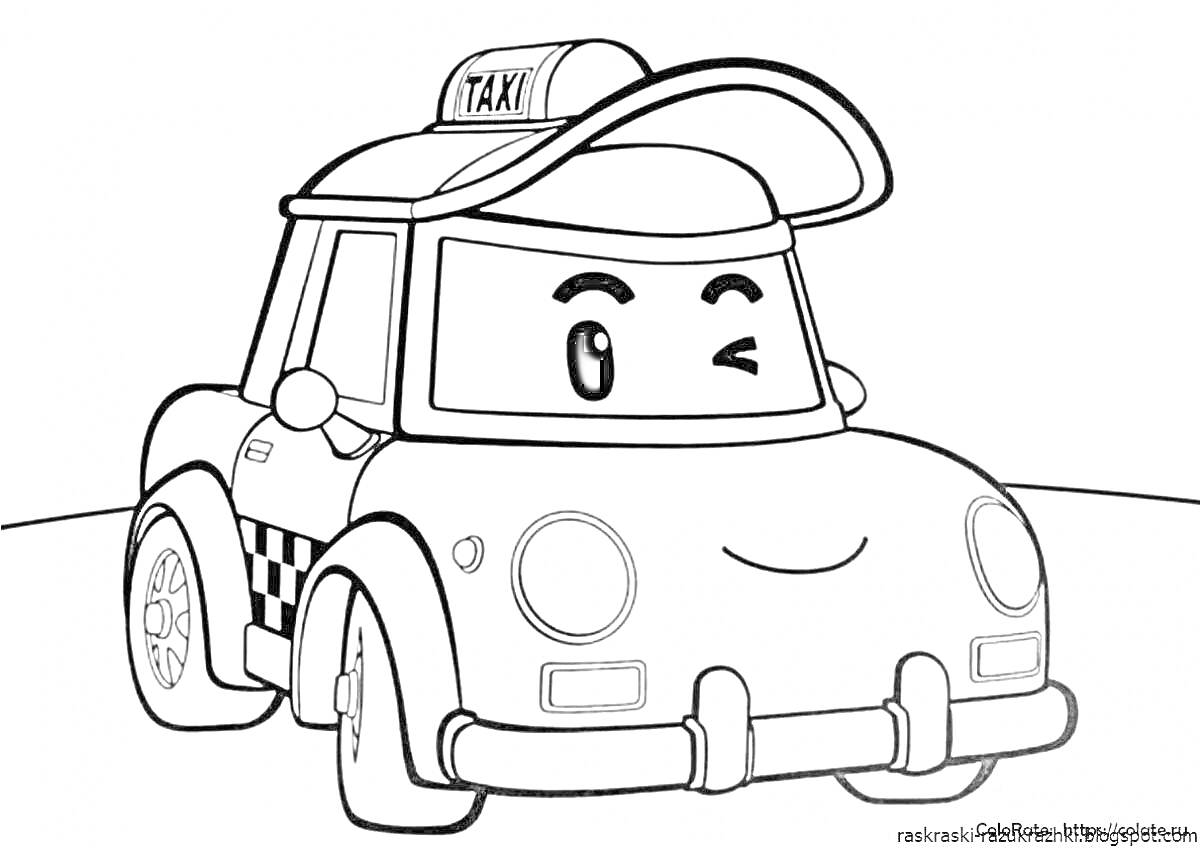 На раскраске изображено: Для мальчиков, Поли робокар, Такси, Улыбающаяся машина, Транспорт