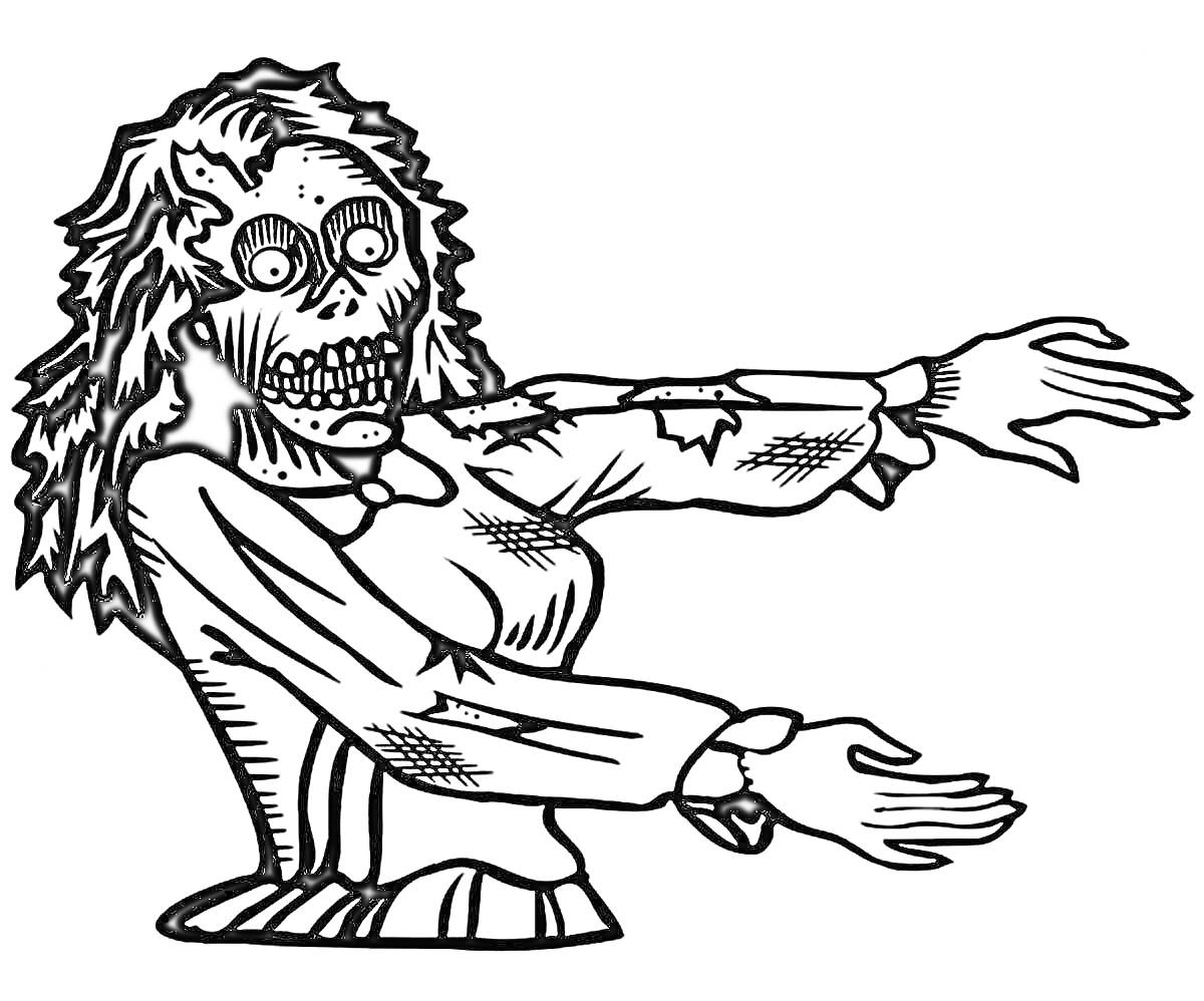 Раскраска Зомби с растрепанными волосами и вытянутыми вперед руками в порванной одежде