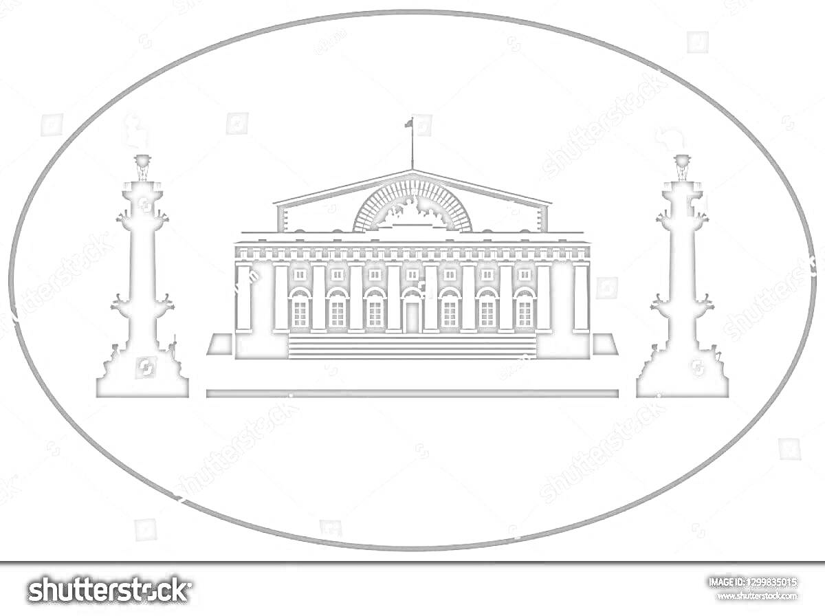 На раскраске изображено: Стрелка Васильевского острова, Здание Биржи, Ростральные колонны, Архитектура, Санкт-Петербург, Искусство, Обучение, Культура