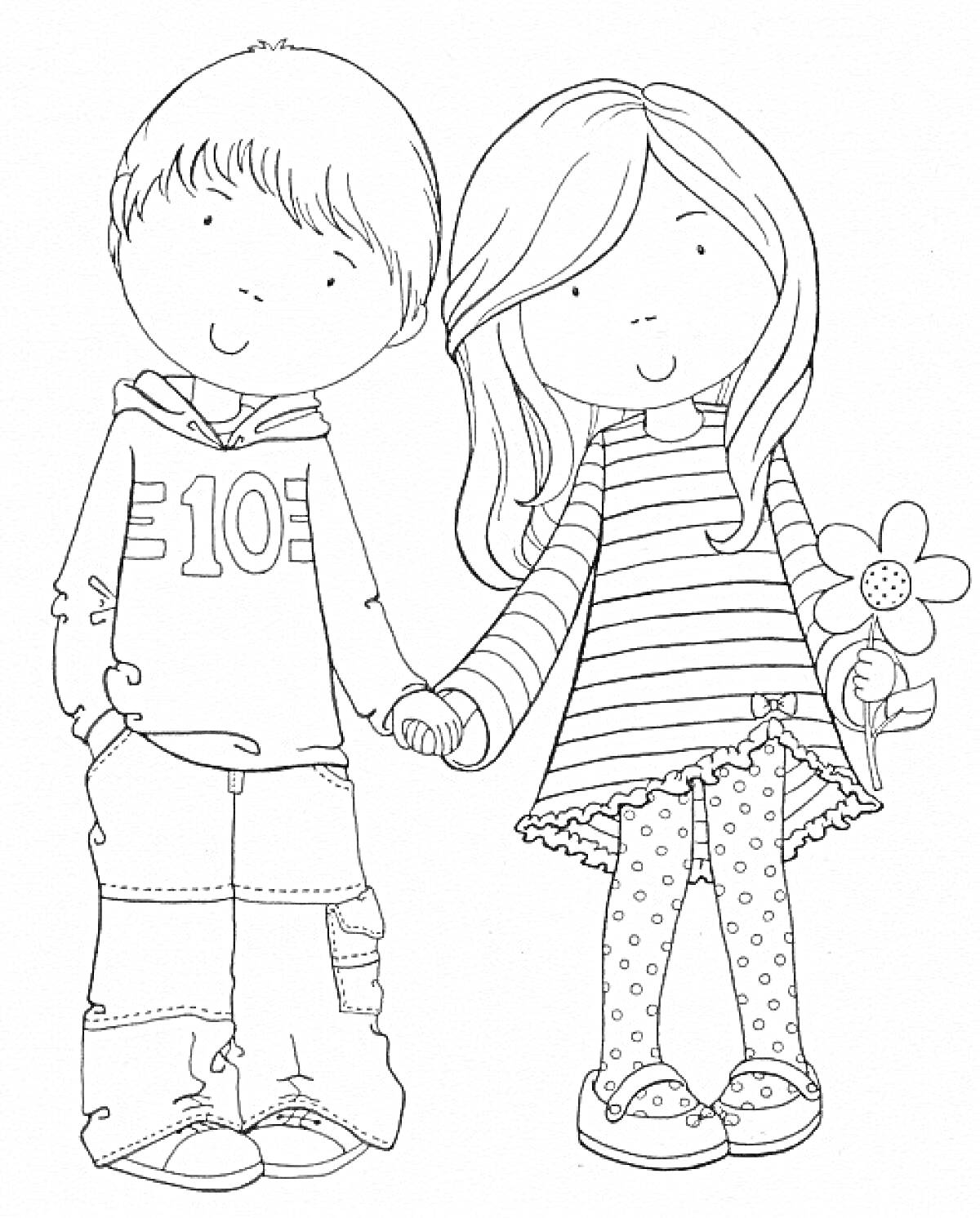 Раскраска Девочка и мальчик, держащиеся за руки. Мальчик в толстовке с номером 