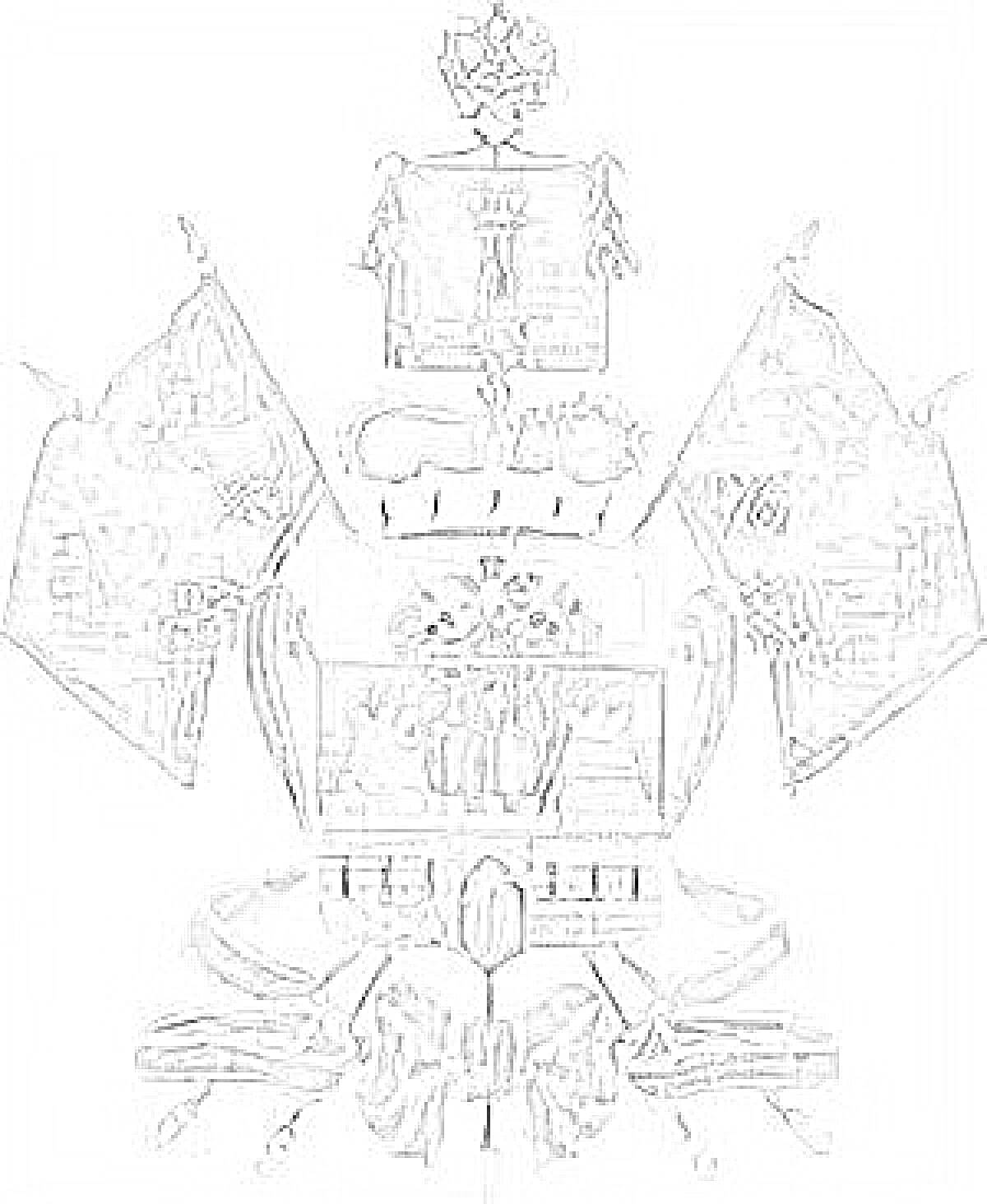 РаскраскаГерб Кубани. На изображении можно увидеть щит с изображением сцен, три флага по обе стороны щита, венок сверху, ленты и гербовый знак внизу.