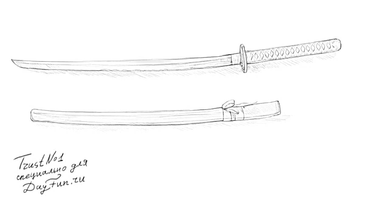 Раскраска Черно-белая раскраска японского ножа танто с ножнами