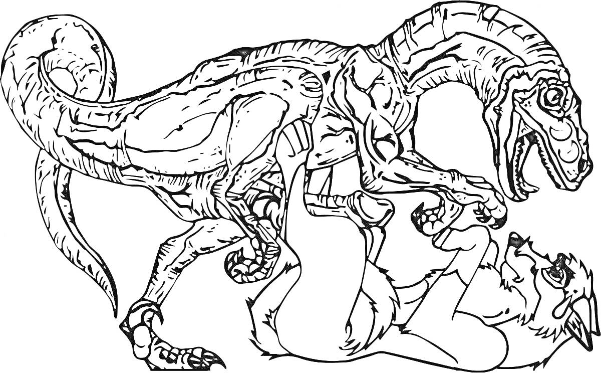 Раскраска Динозавр и лежащий волк