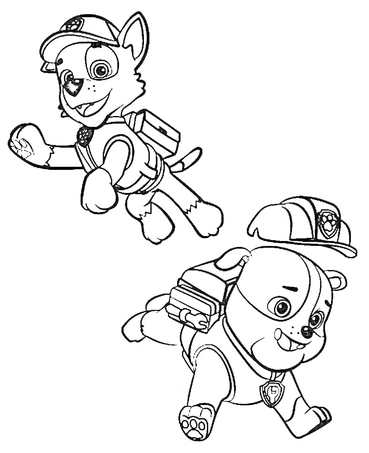 Раскраска Щенячий Патруль - два щенка патруля с рюкзаками и бейсболками