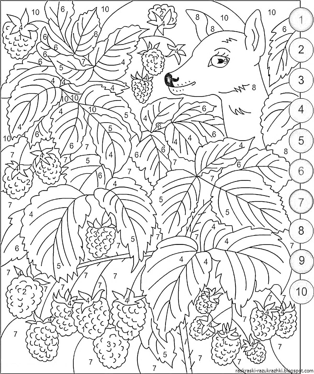 На раскраске изображено: Олень, Листья, Малина, Ягоды, Лес, Природа, Животные