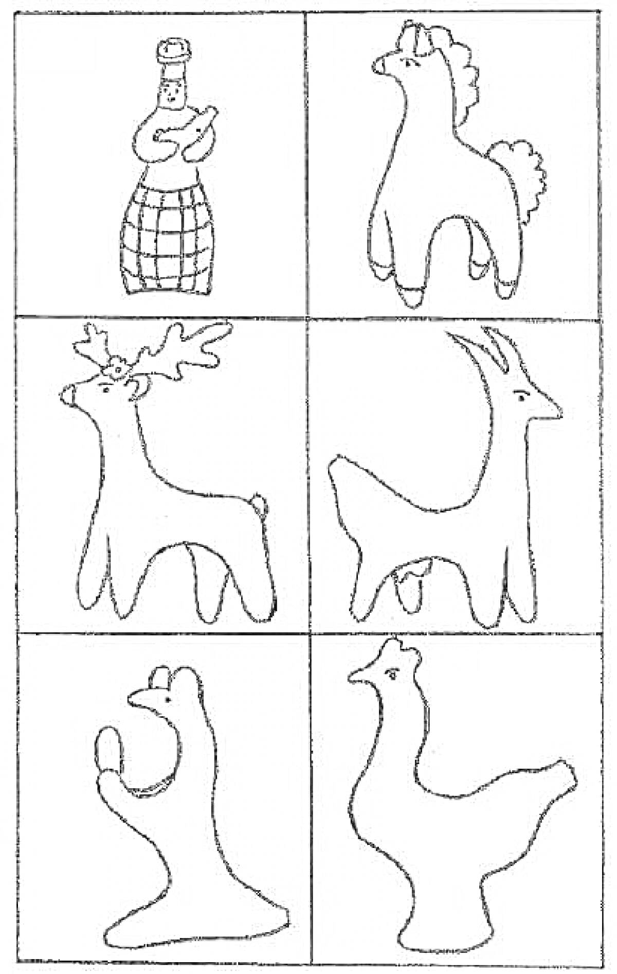 Раскраска Филимоновская игрушка - женщина с сосудом, конь, олень, козел, медведь, петух.