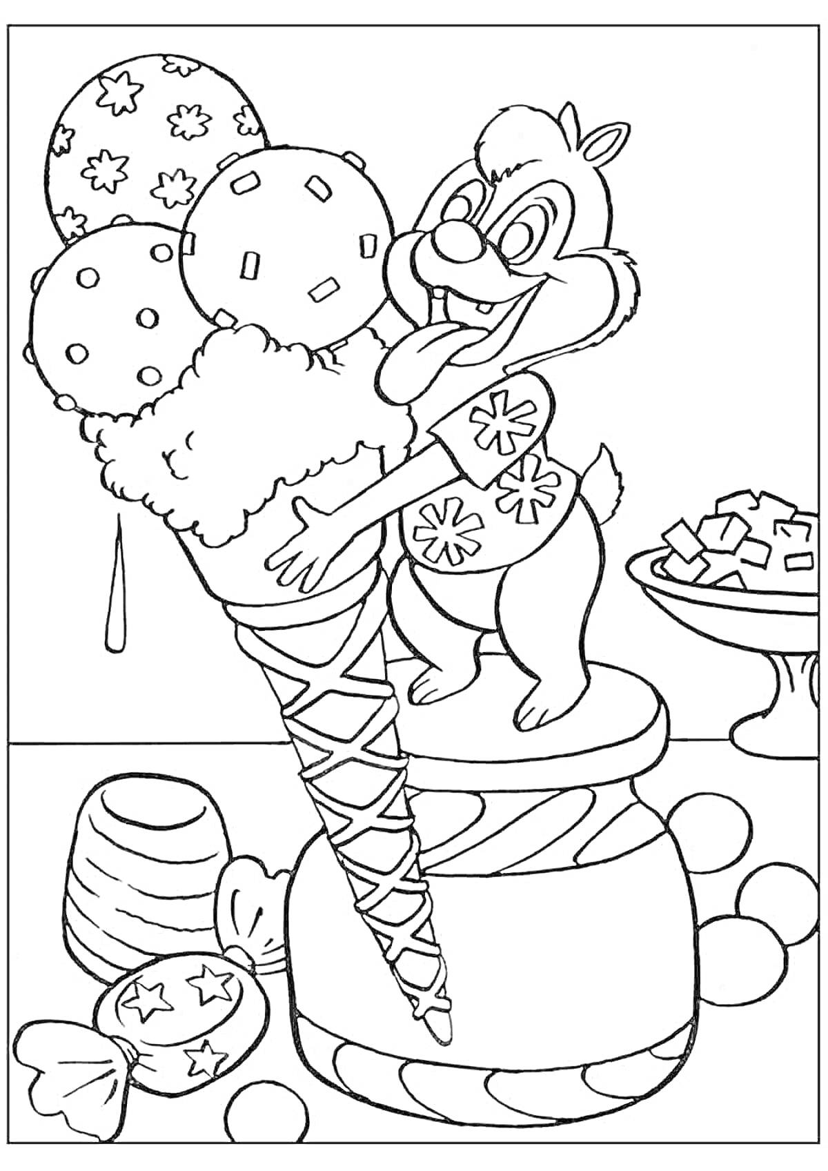 Раскраска Белка с гигантским мороженым, конфетами и пирожками