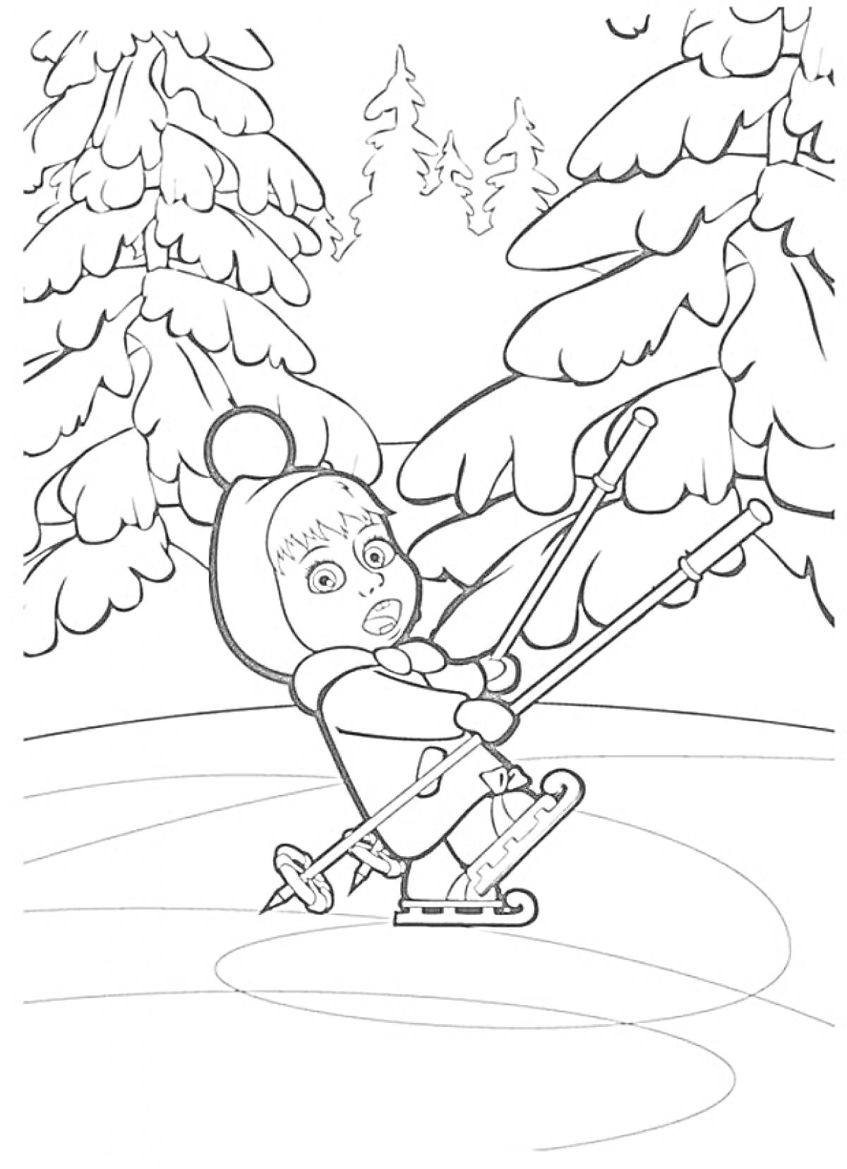 Раскраска Маша на коньках в зимнем лесу