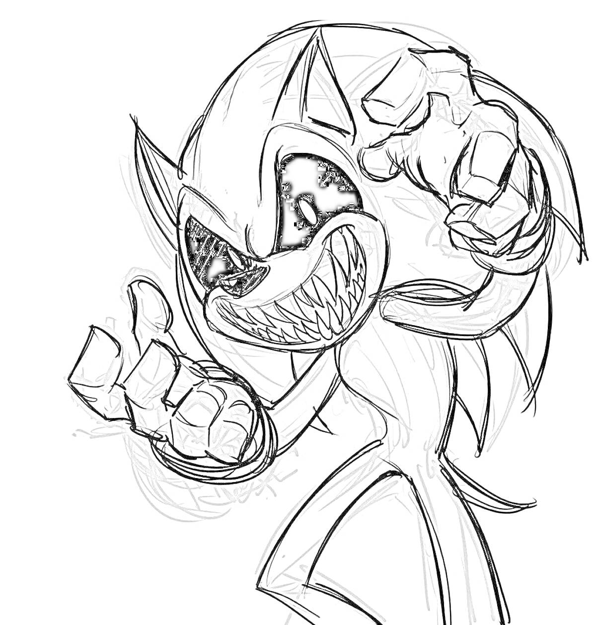 Раскраска Sonic exe с устрашающей улыбкой и поднятыми руками