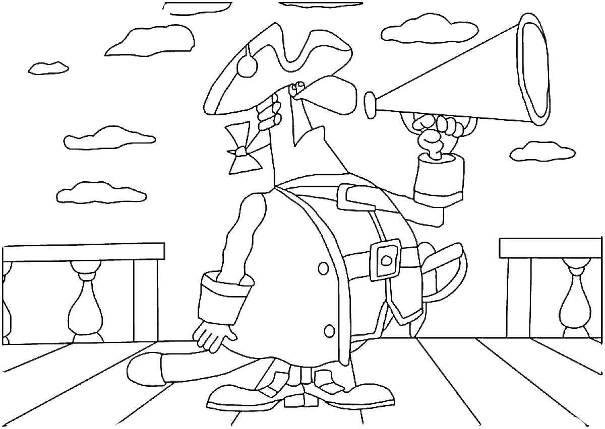 На раскраске изображено: Доктор ливси, Подзорная труба, Корабль, Палуба, Облака, Приключения, Пираты
