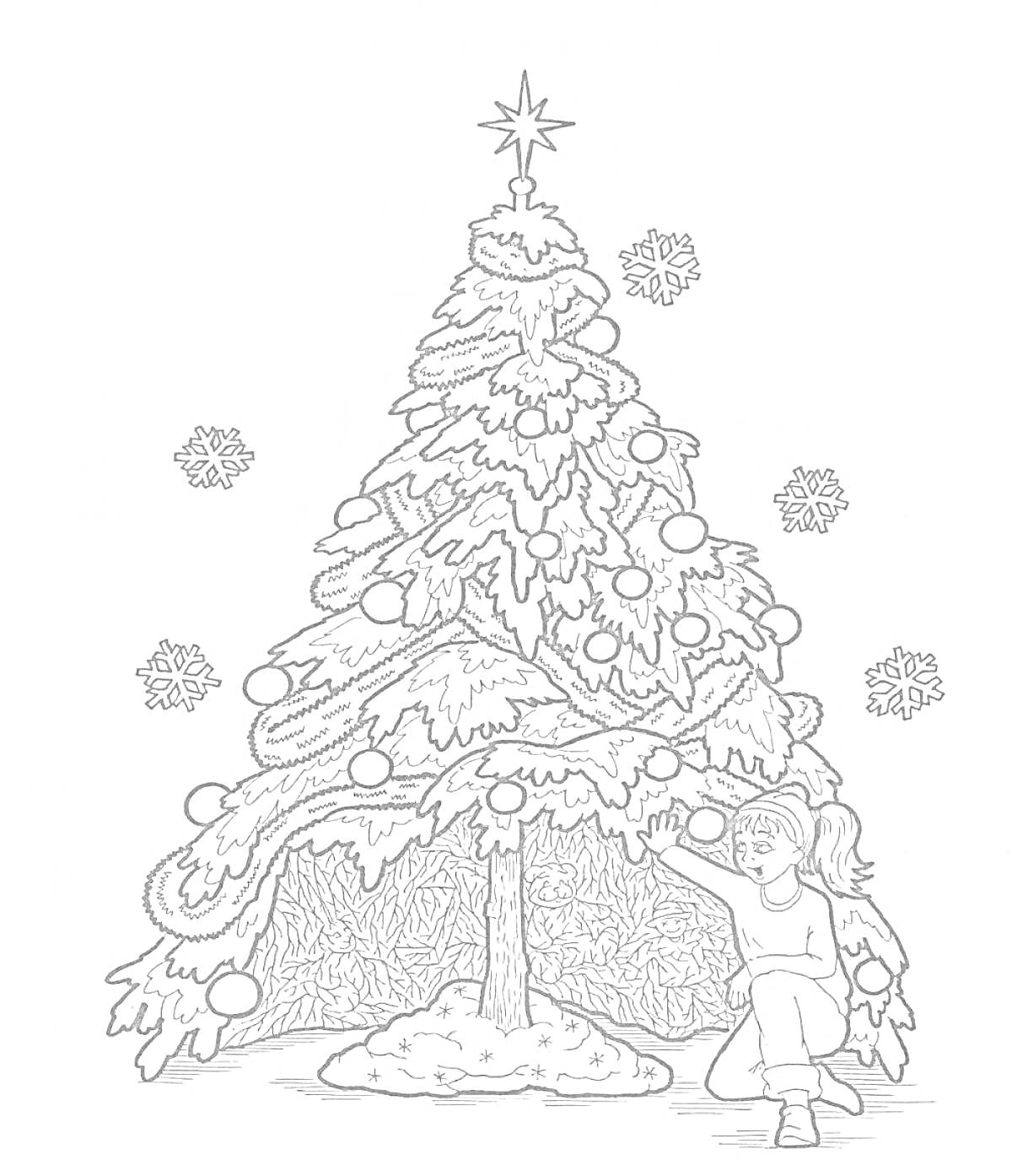 Раскраска Новогодняя елка с украшениями и девочкой, деревья в снегу и снежинками вокруг