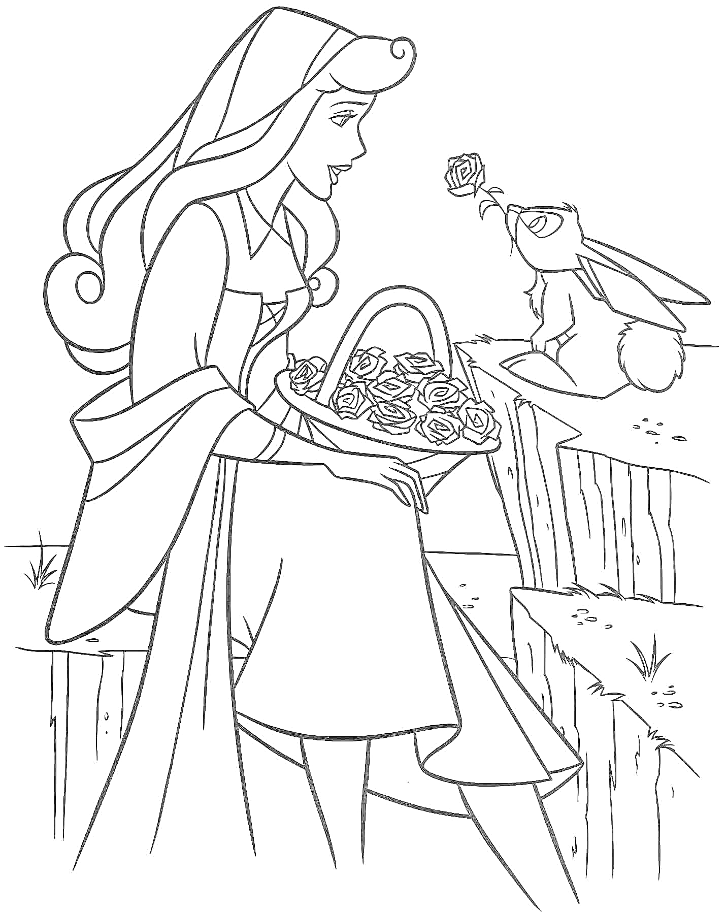 Раскраска Принцесса Аврора с корзиной роз сидит на скале рядом с кроликом, держащим розу