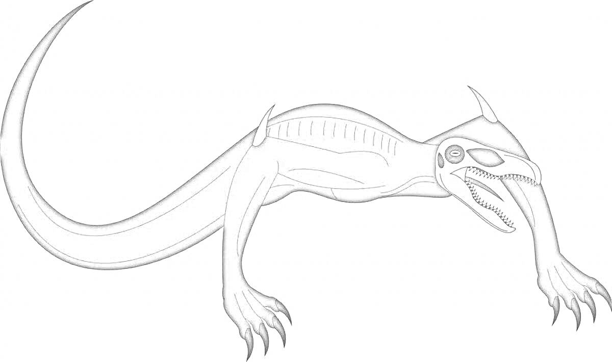 Раскраска Черепозавр с длинным хвостом, с черепом динозавра вместо головы, с острыми когтями и рогами на спине