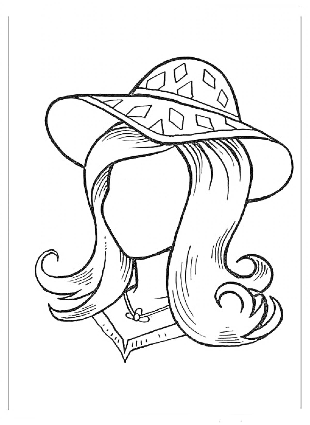 Раскраска Портрет мамы в шляпе с длинными волосами и ожерельем