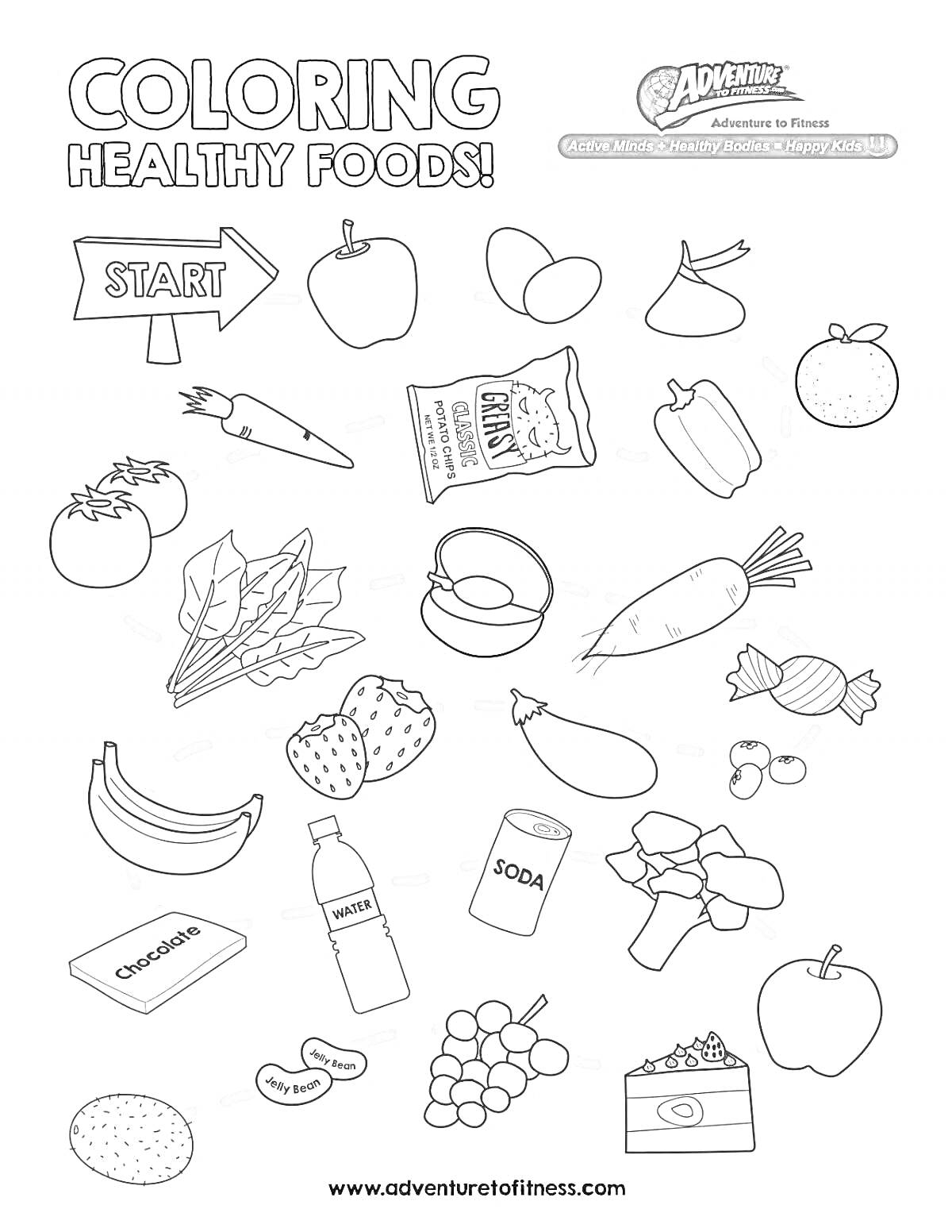 Coloring Healthy Foods! (стрелка с надписью START, виноград, яблоко, морковь, крекеры, капуста, свекла, зеленый лук, спаржа, салат, целая клубника, нарезанная клубника, банан, бутылка с надписью 