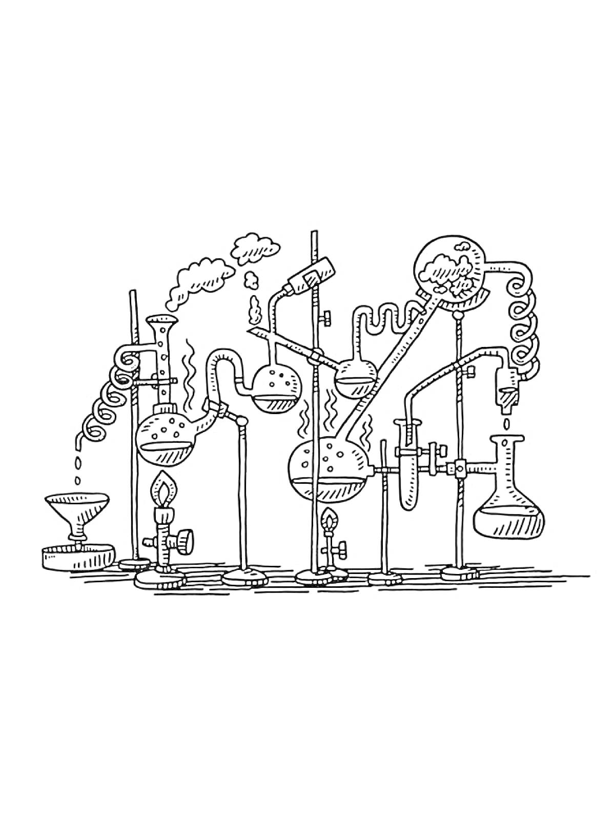 На раскраске изображено: Лаборатория, Химия, Трубка, Колба