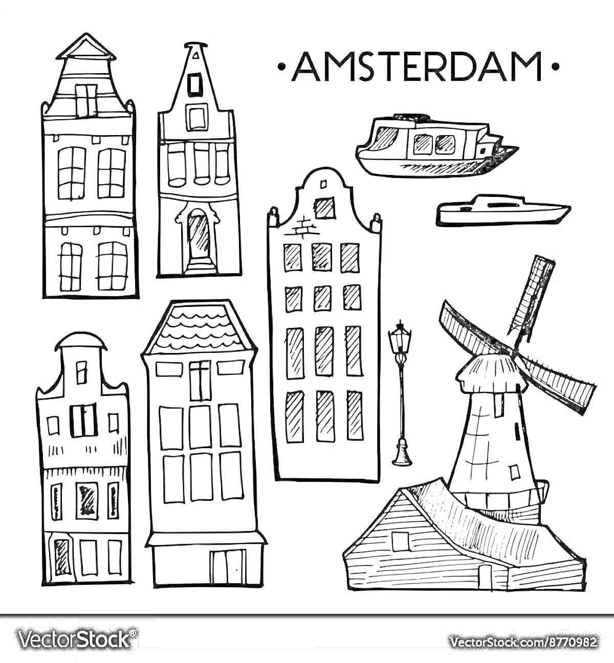 На раскраске изображено: Амстердам, Каналы, Лодка, Архитектура, Исторические здания, Городской пейзаж, Мельница