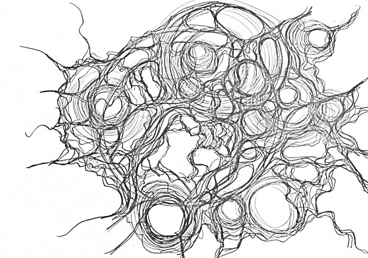 Раскраска Абстрактная нейрографика с пересекающимися линиями и кругами