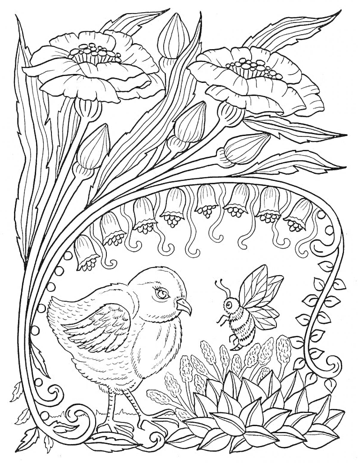 На раскраске изображено: Цветы, Растения, Природа, Для девочек, Животные, Птица, Пчёлы