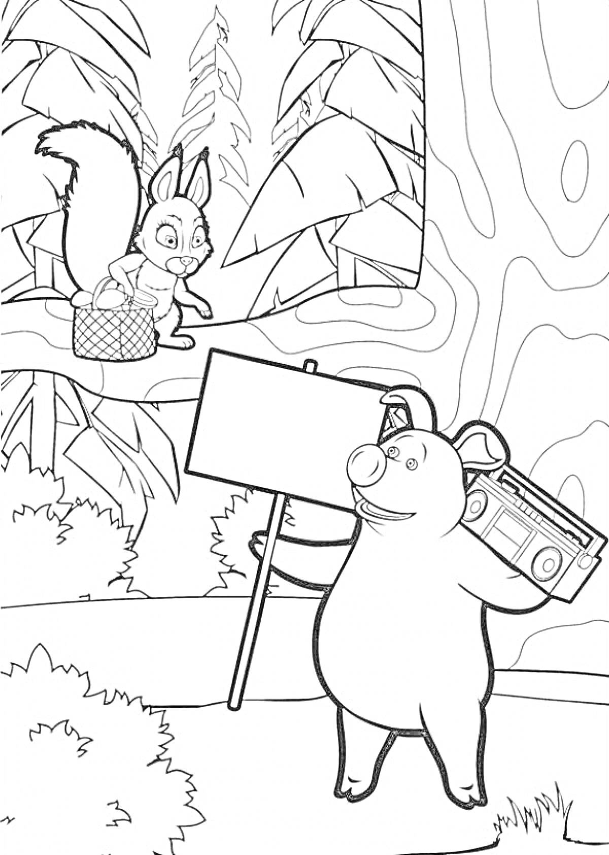 Раскраска Белка с корзиной и кабан с магнитофоном и табличкой в лесу