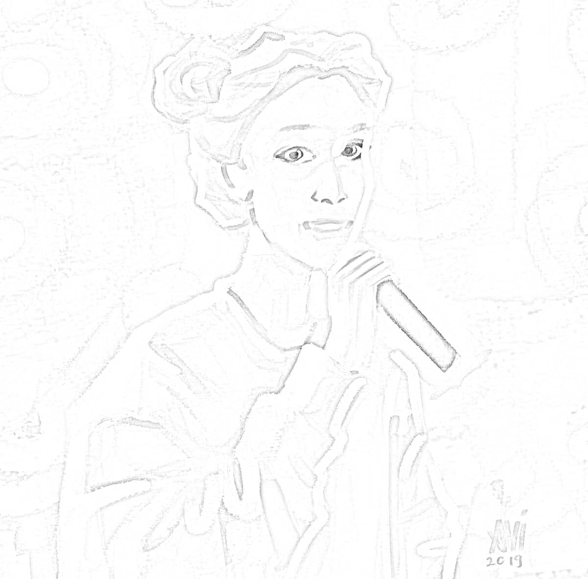 Раскраска Певица с микрофоном на фоне абстрактных узоров