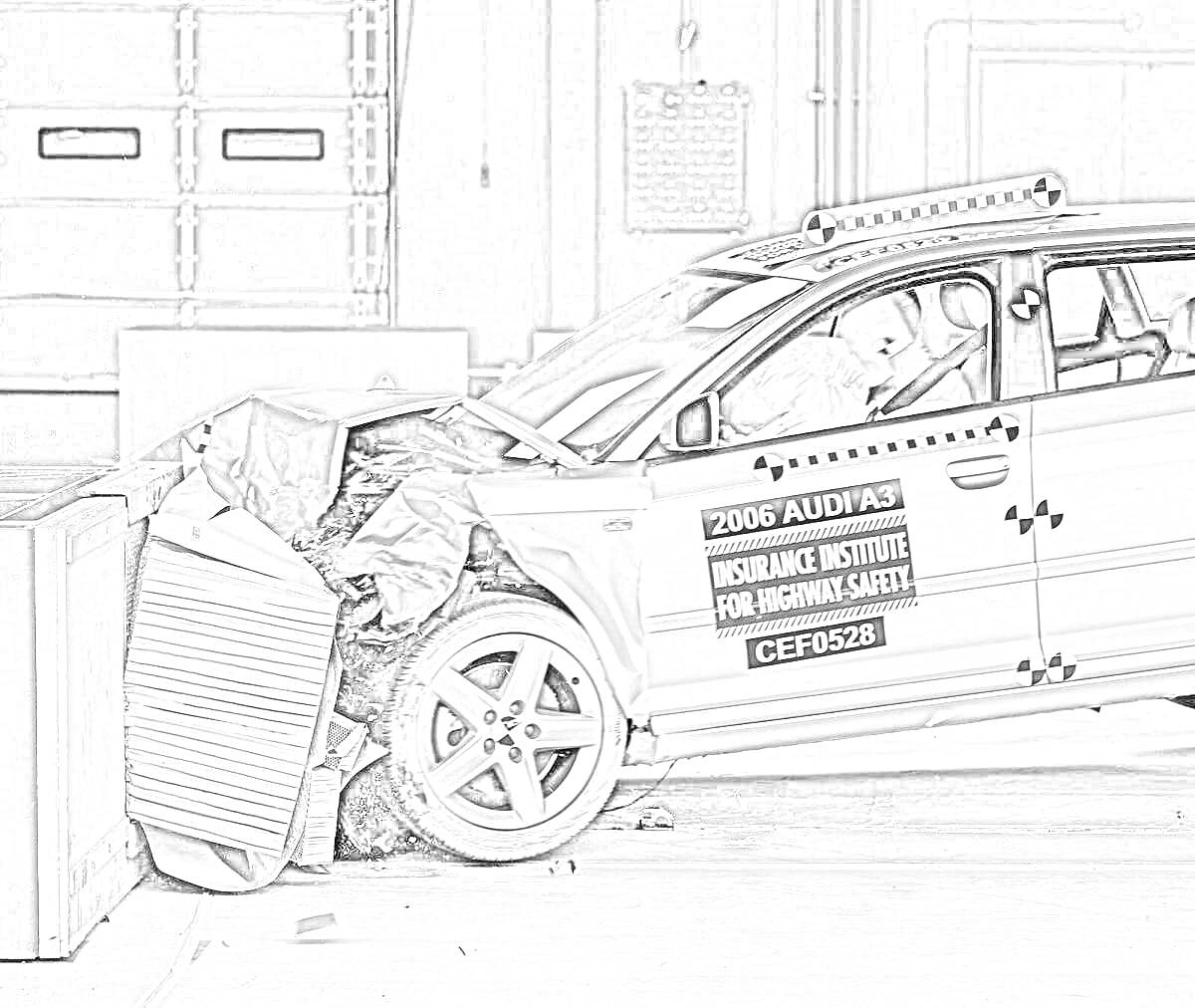 Раскраска Автомобиль во время краш-теста, манекен внутри, барьер перед автомобилем