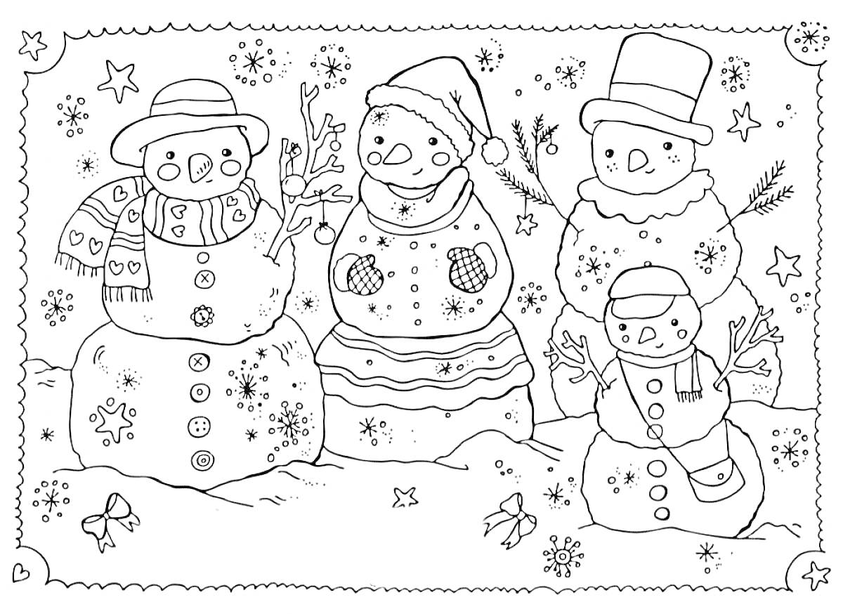 На раскраске изображено: Снеговики, Семья, Новый год, Зима, Снежинки, Подарки, Новогодняя открытка, Еловые ветки, Праздники