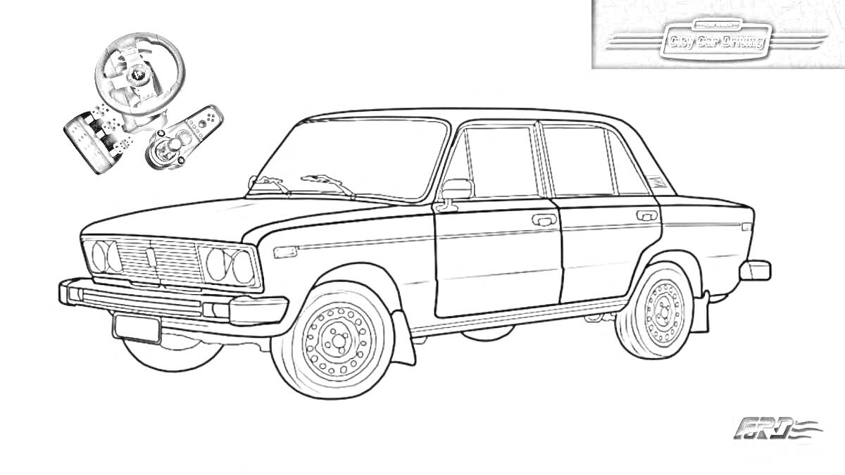 Раскраска Раскраска с автомобилем ВАЗ 2106, рулевым колесом, ручкой переключения передач и значком автомобиля