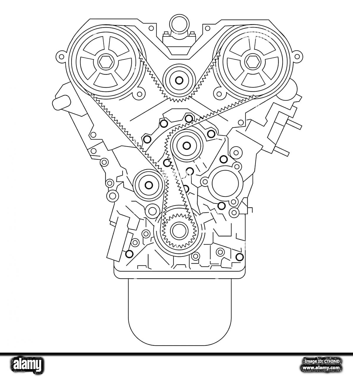 Раскраска Двигатель с ремнями и шестернями, нарисованные сверху