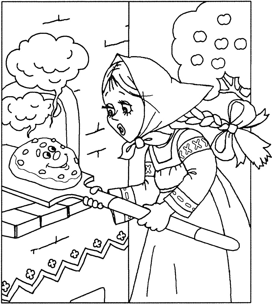 На раскраске изображено: Девочка, Пирог, Лопата, Печка, Русские народные сказки