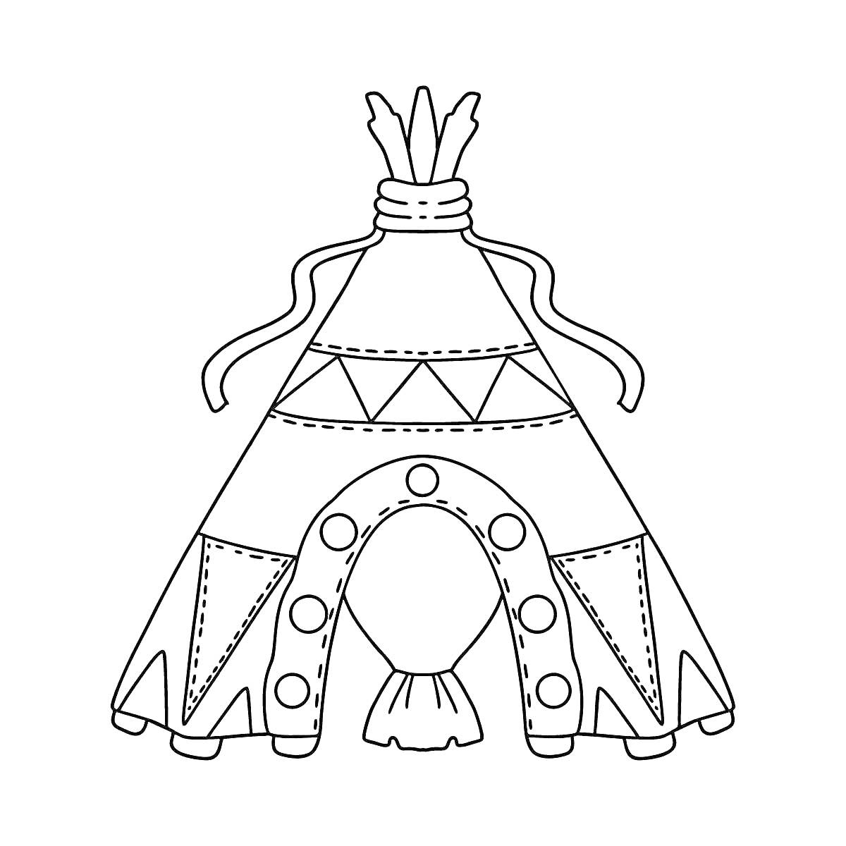 Раскраска Вигвам с декоративными элементами: треугольники, полосы, круги, верёвки и перья