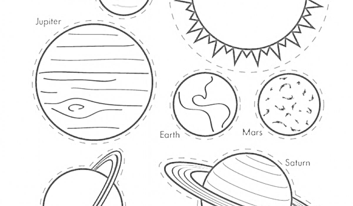Раскраска Солнечная система для раскраски с элементами Солнце, Юпитер, Земля, Марс и Сатурн