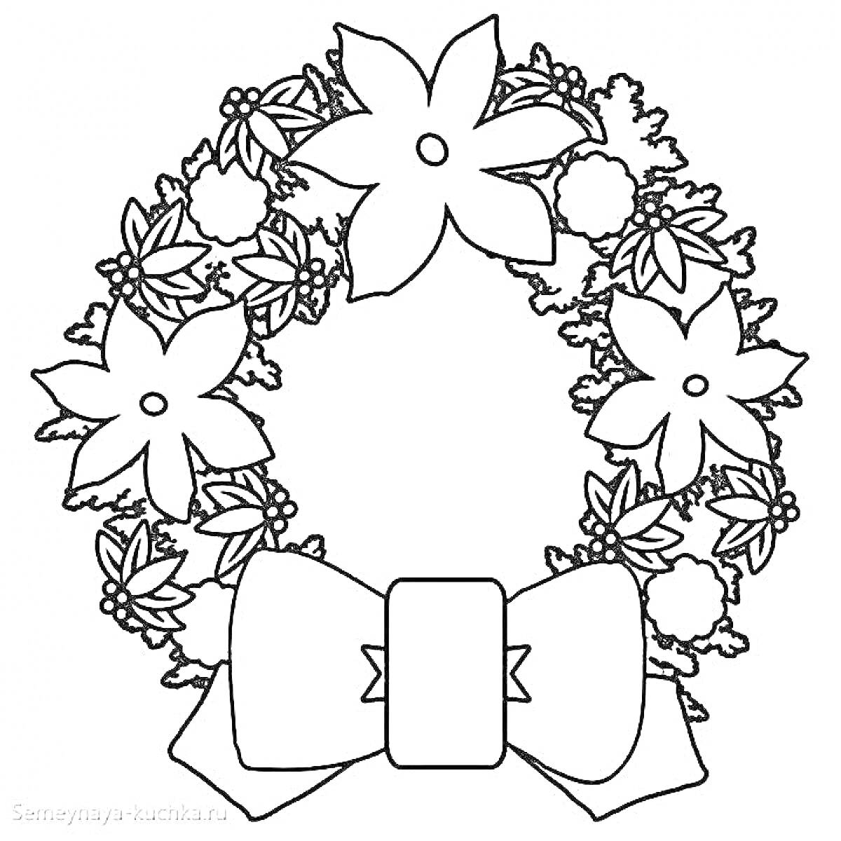 На раскраске изображено: Рождественский венок, Цветы, Ягоды, Бант, Праздничное украшение