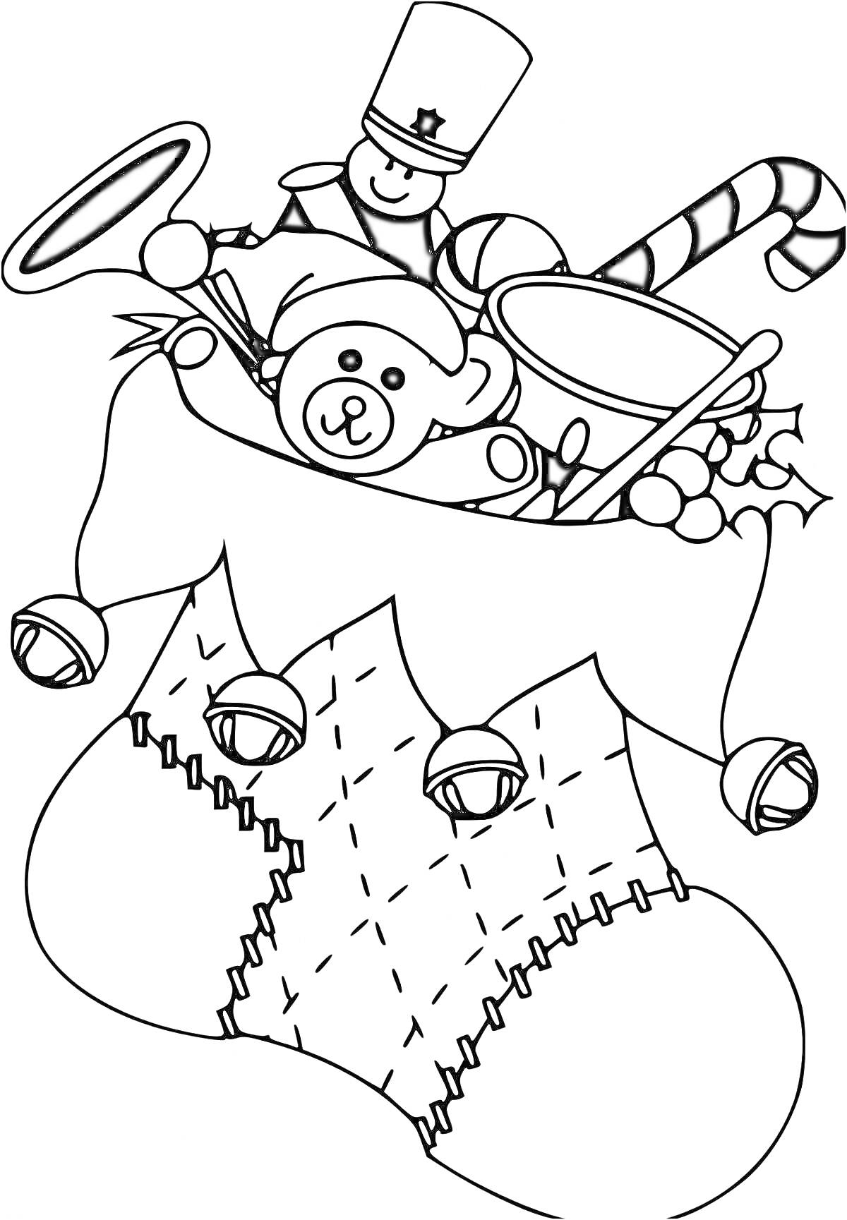 Раскраска Рождественский носок с игрушками и конфетами (с солдатиком, мишкой, барабаном и тростью)
