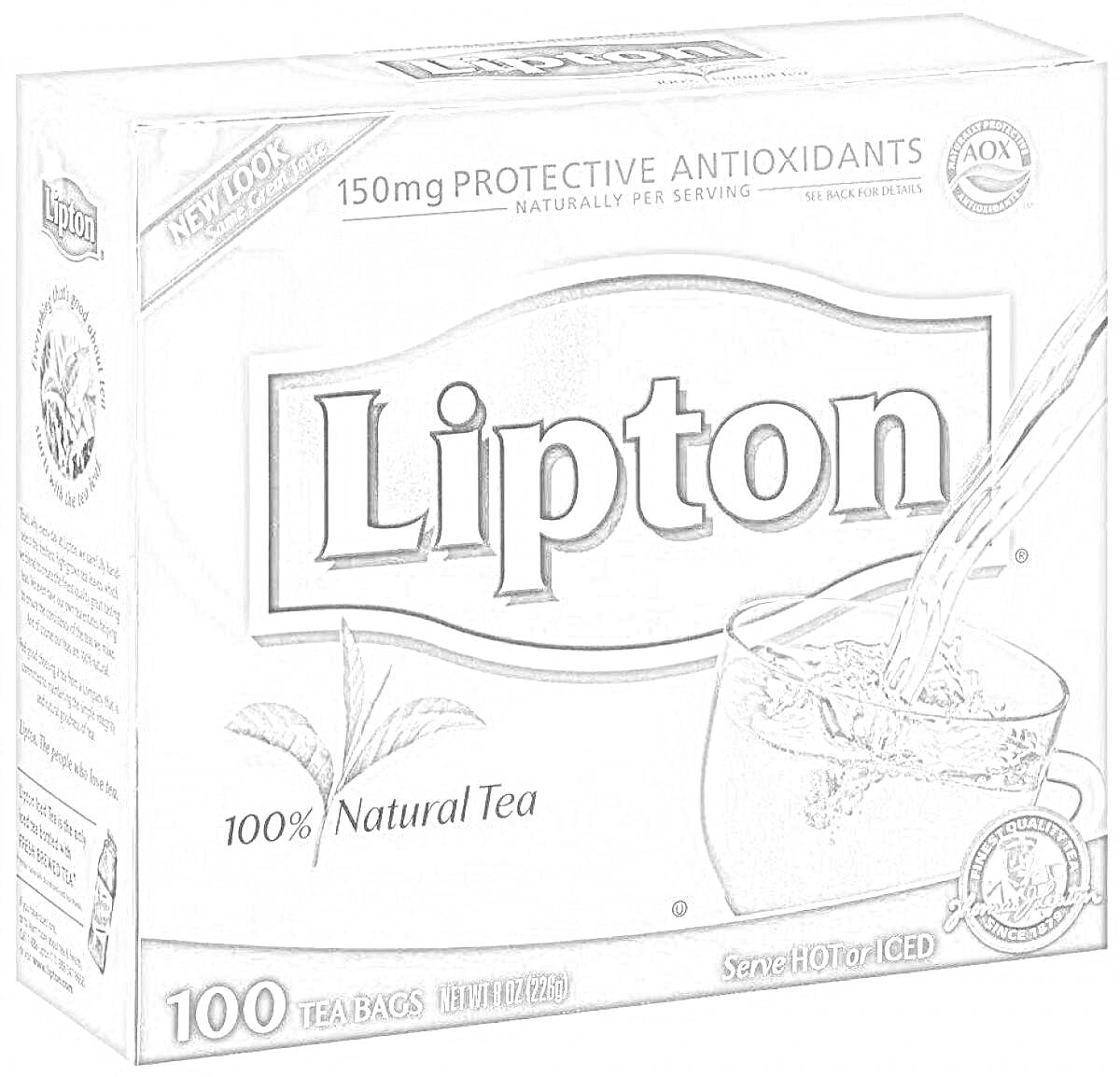 Раскраска Упаковка чая Lipton с изображением кружки, чайных пакетиков и листьев чая, 150 мг антиоксидантов на порцию, 100 чайных пакетиков, подавайте горячим или охлажденным.