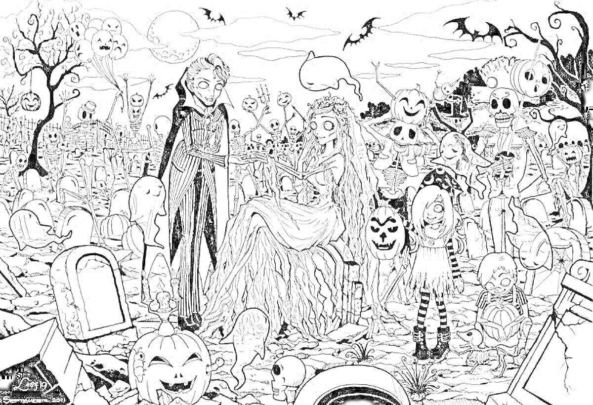 Раскраска Кладбище с вампиром, невестой-зомби, привидениями и тыквами на Хэллоуин