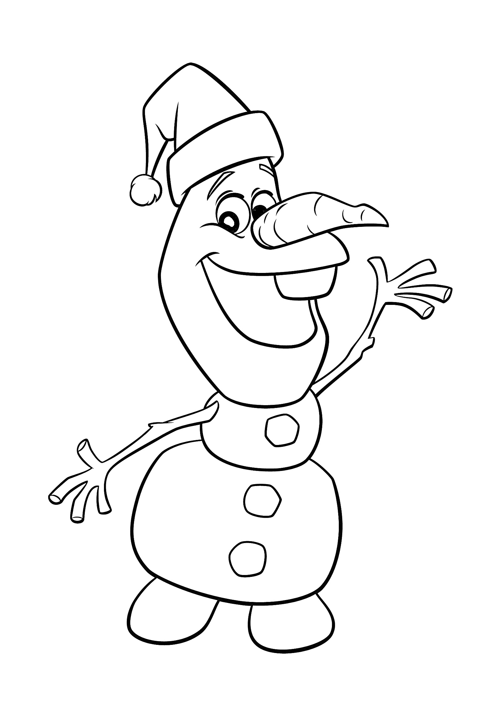 Раскраска Снеговик в шапочке, улыбающийся, с поднятыми руками и пуговицами на животе