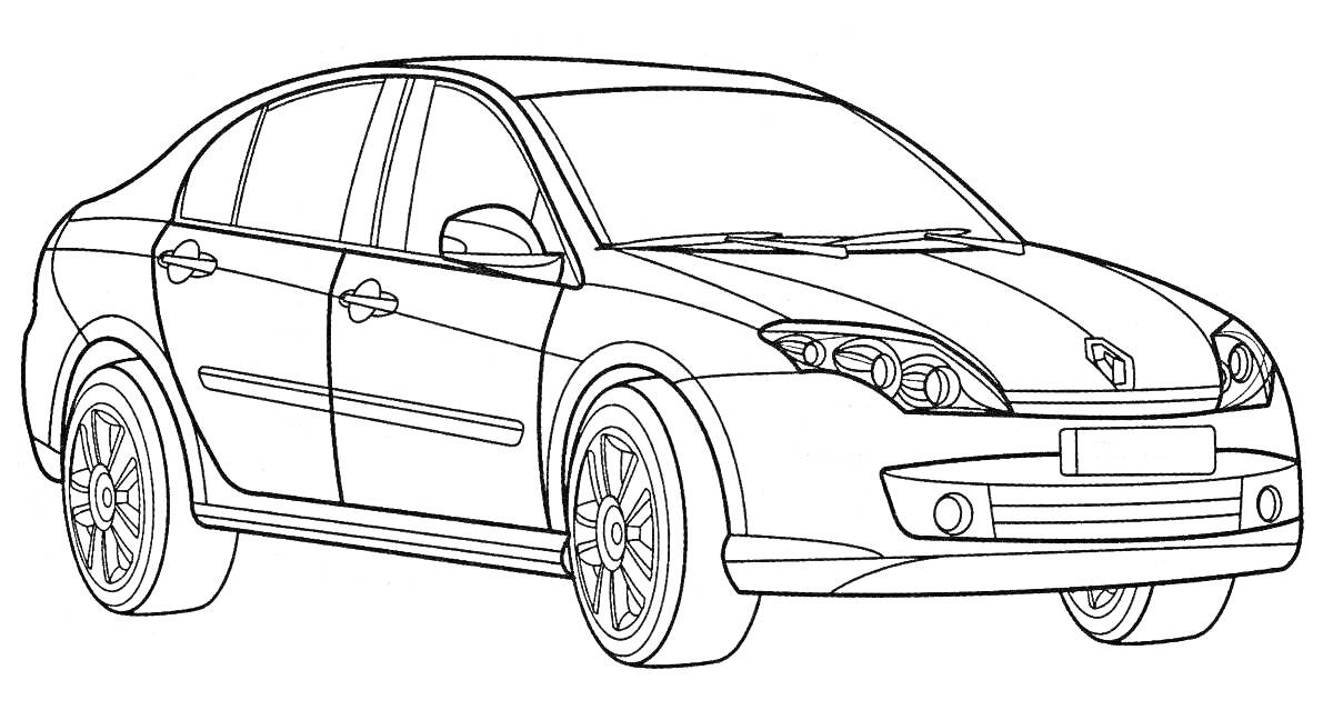Раскраска Раскраска автомобиля Renault Logan с передним и боковым видом, видны колёса, окна, двери, фары и капот