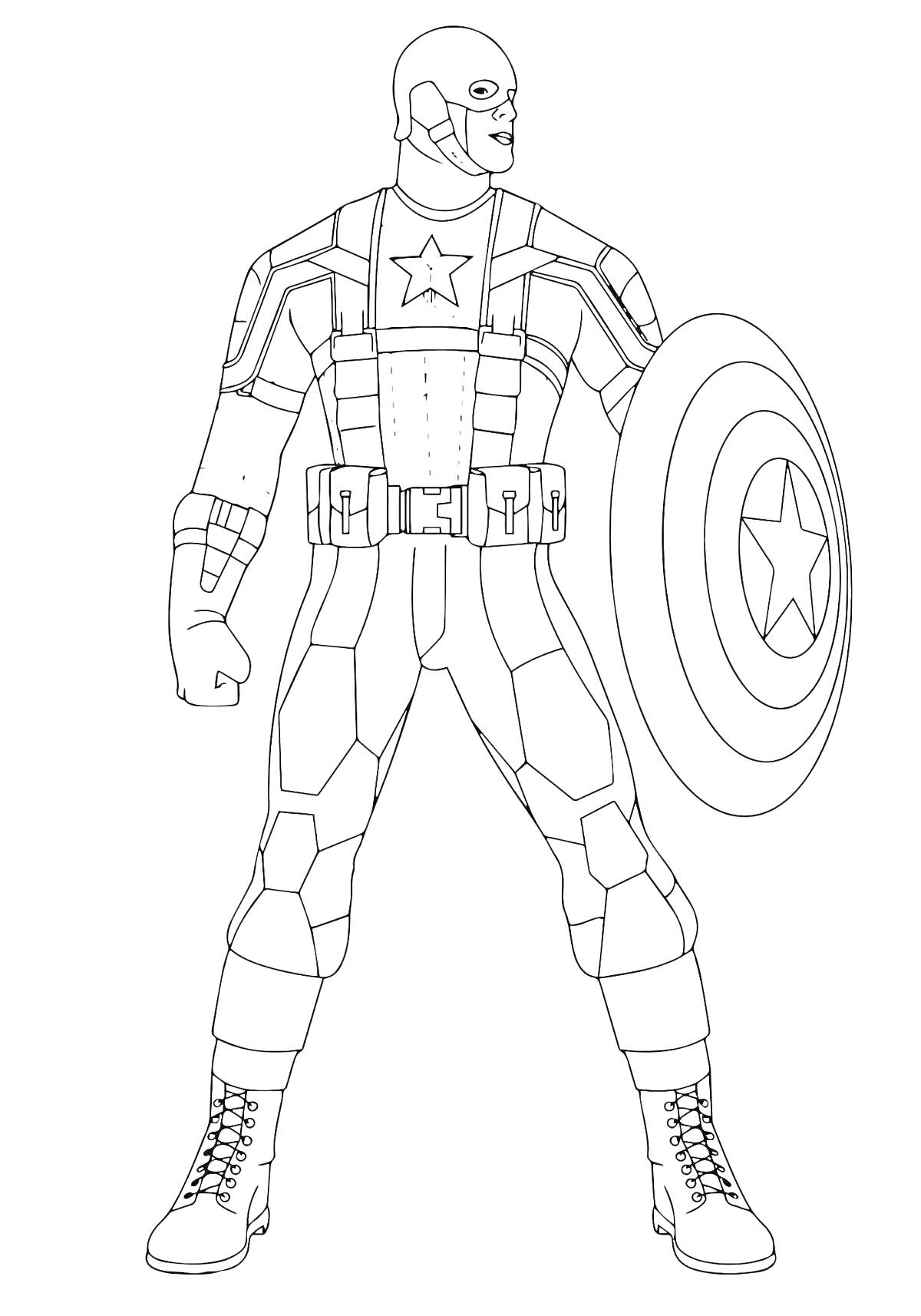 На раскраске изображено: Капитан Америка, Щит, Боевое снаряжение, Комиксы, Марвел
