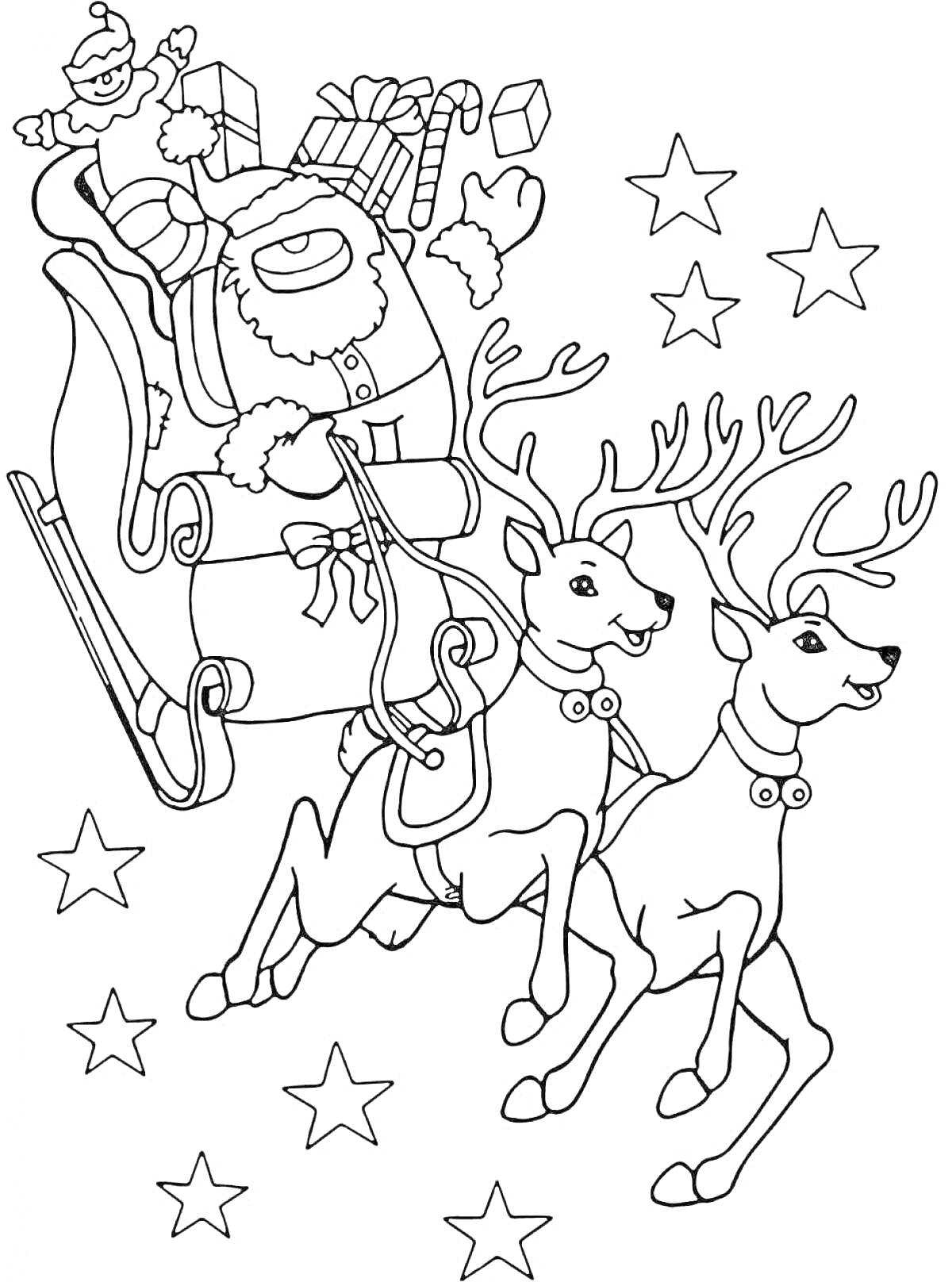 Раскраска Санта-Клаус с мешком подарков в санях, запряженных двумя оленями, окруженными звездами