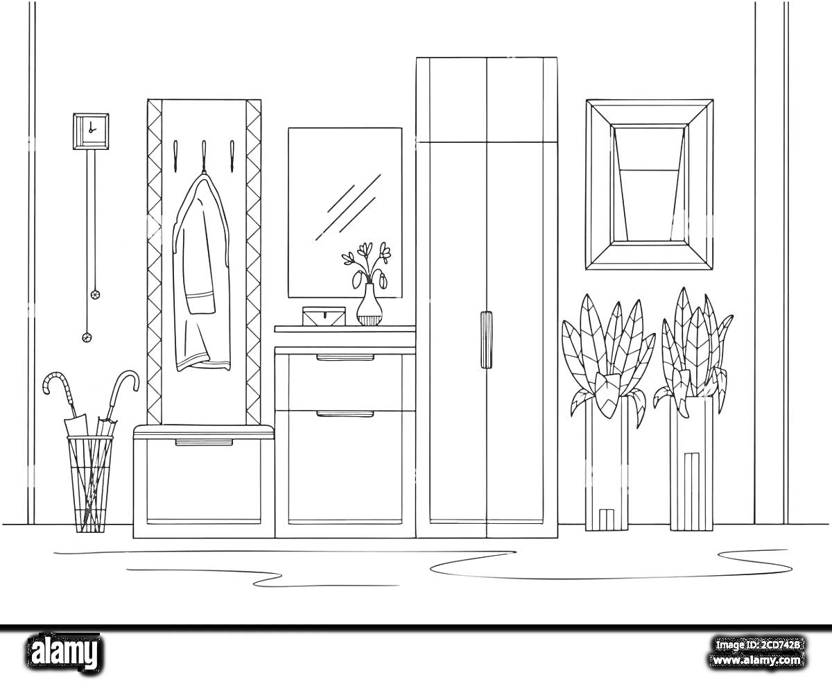 На раскраске изображено: Коридор, Вешалка, Шкаф, Комод, Зеркало, Растения, Цветы, Ваза