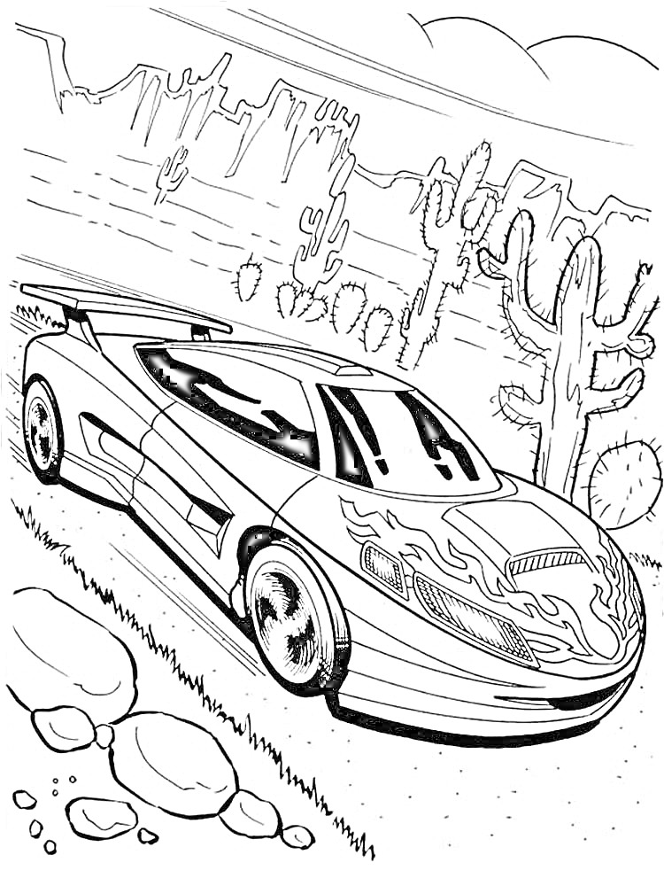 На раскраске изображено: Пустыня, Кактусы, Скалы, Природа, Скорость, Гонки, Авто, Гоночный автомобиль