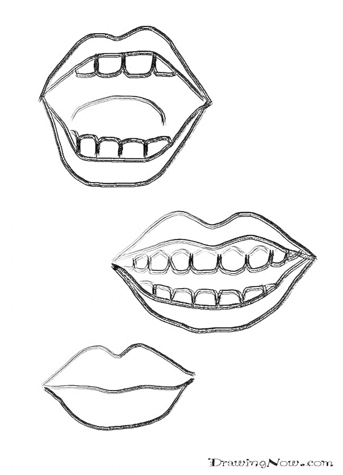 Раскраска Рисунок трех ртов с разными выражениями и зубами