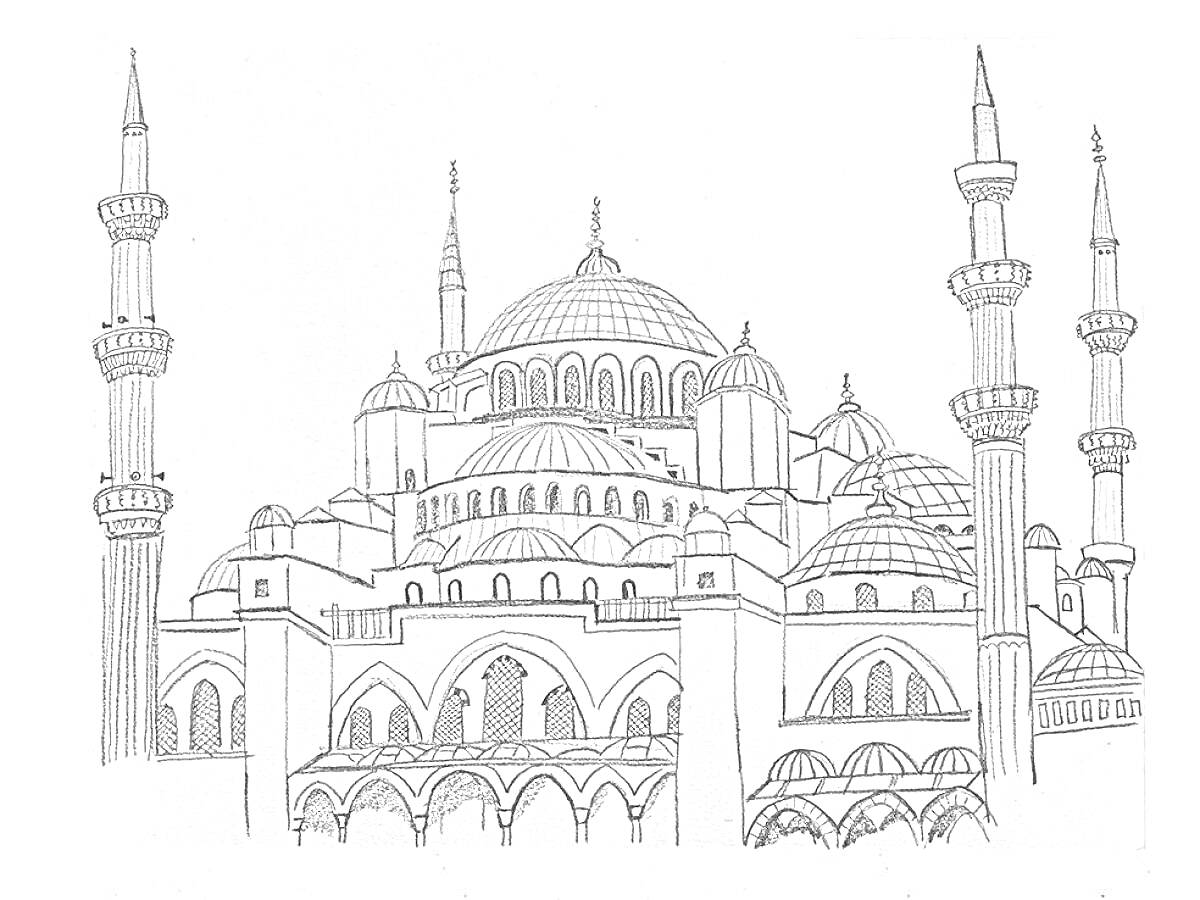 Раскраска мечеть с несколькими куполами и минаретами, арочные окна и входы
