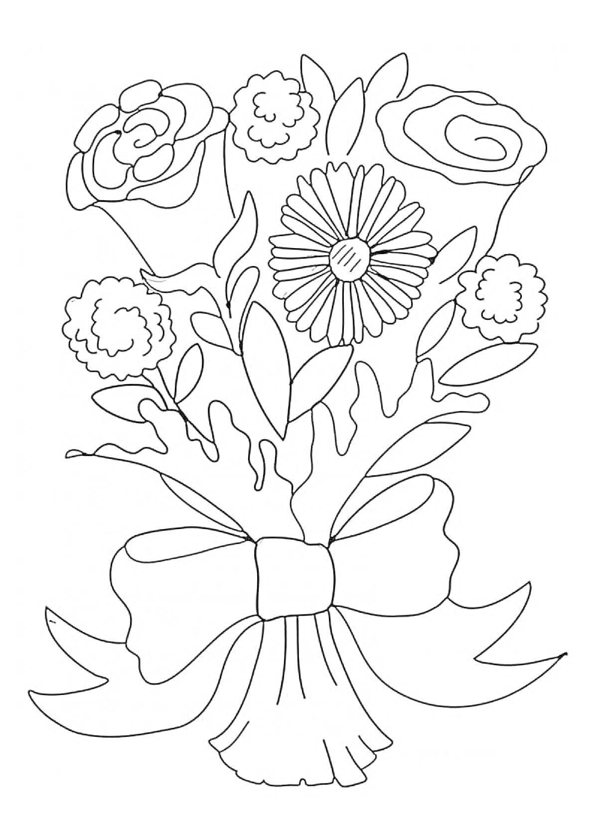 На раскраске изображено: Цветы, Розы, Ромашка, Бант, Листья, Для детей, Букет цветов